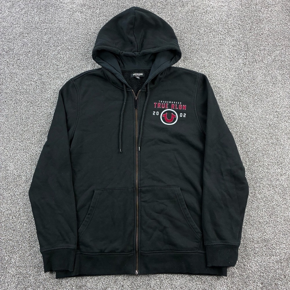 Y2K True Religion Hoodie Mens XL Black Full Zip Sweatshirt Velour Logo Buddha